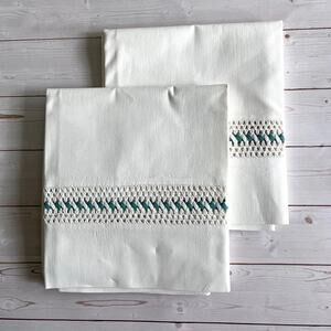 Set of 2 Vintage White Pillowcases Crocheted Lace Inset with Woven Green Ribbon